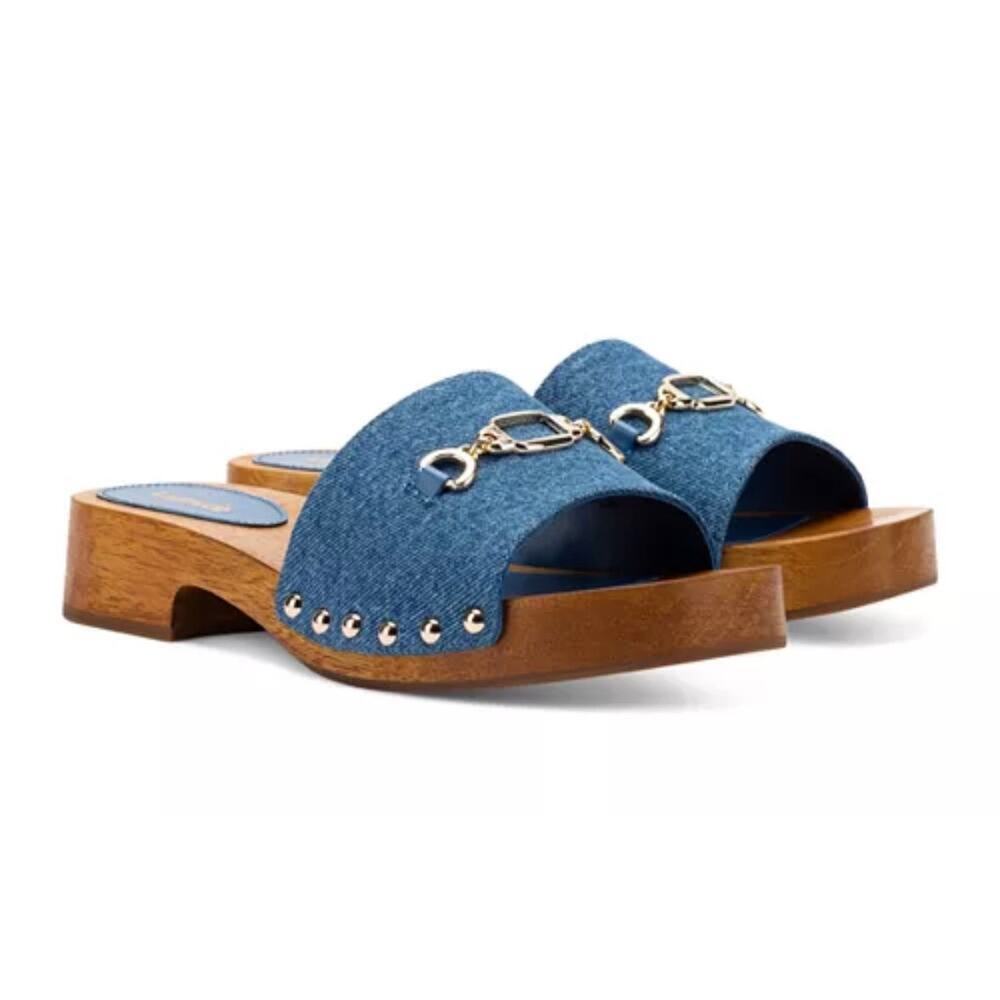 Larroudé Zuzi Slip-On Studded Denim Wooden Platform Mules Size 8